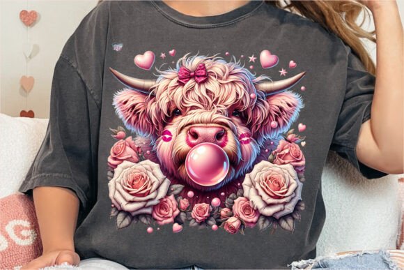 Valentines Highland Cow Roses PNG: Charming Design Asset